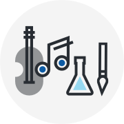 Illustration of a guitar, a musical note, a test tube and a brush