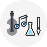 Illustration of a guitar, a test tube, a musical note and a brush