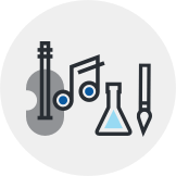 Illustration of a guitar, musical note, test tube and a brush